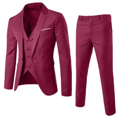 Mymyguoe Men's 3 Piece Suit Double Breasted Tailored Fit Wedding Suit Slim Fit Men's Suit 3-Piece Blazer Suits Modern Jacket Trousers Vest for Business Wedding Party Suit Trousers, Wine Red, S