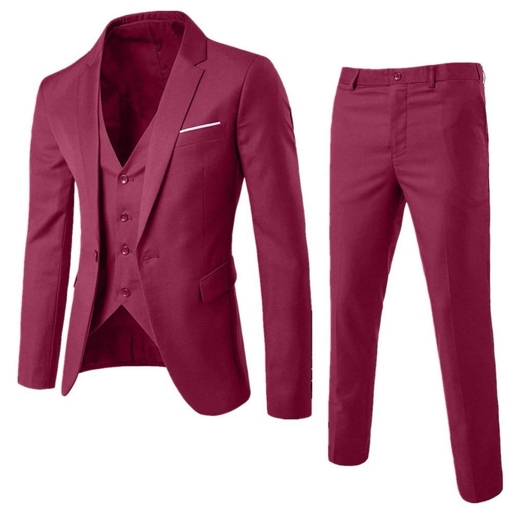Mymyguoe Men's 3 Piece Suit Double Breasted Tailored Fit Wedding Suit Slim Fit Men's Suit 3-Piece Blazer Suits Modern Jacket Trousers Vest for Business Wedding Party Suit Trousers, Wine Red, S